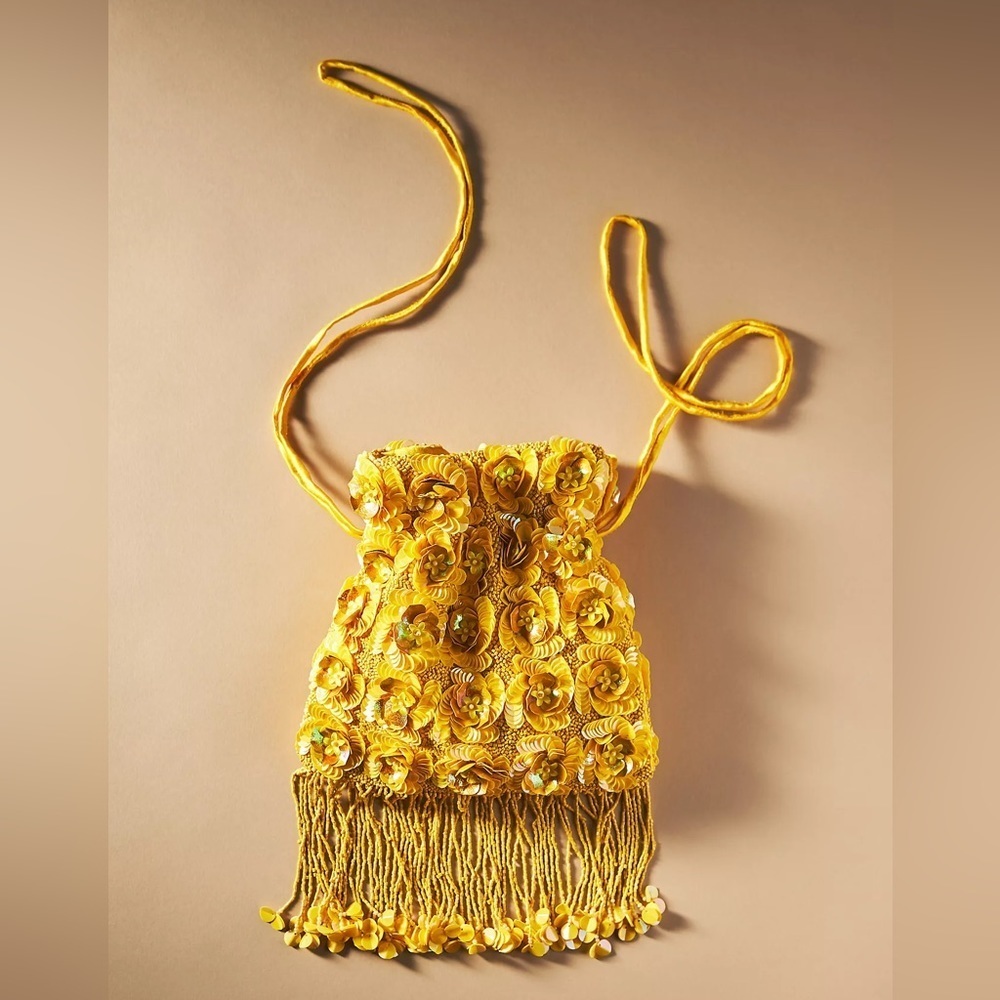 Anthropologie Yellow Floral Beaded Crossbody Bag